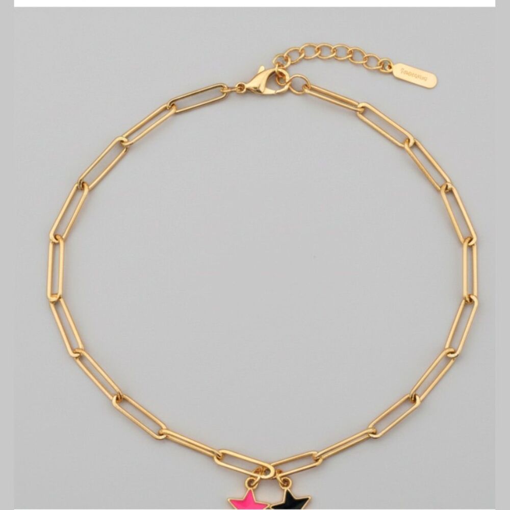 Gold Tone Paperclip Chain Necklace Pink and Black Enamel Star Charms